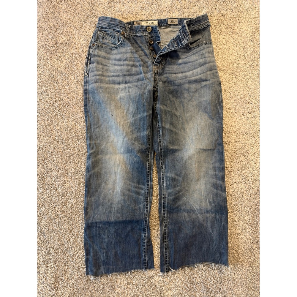 BKE Jeans Men 33 Blue Tyler Straight Cut Off Raw Hem Whiskered Heavy Wash Denim*